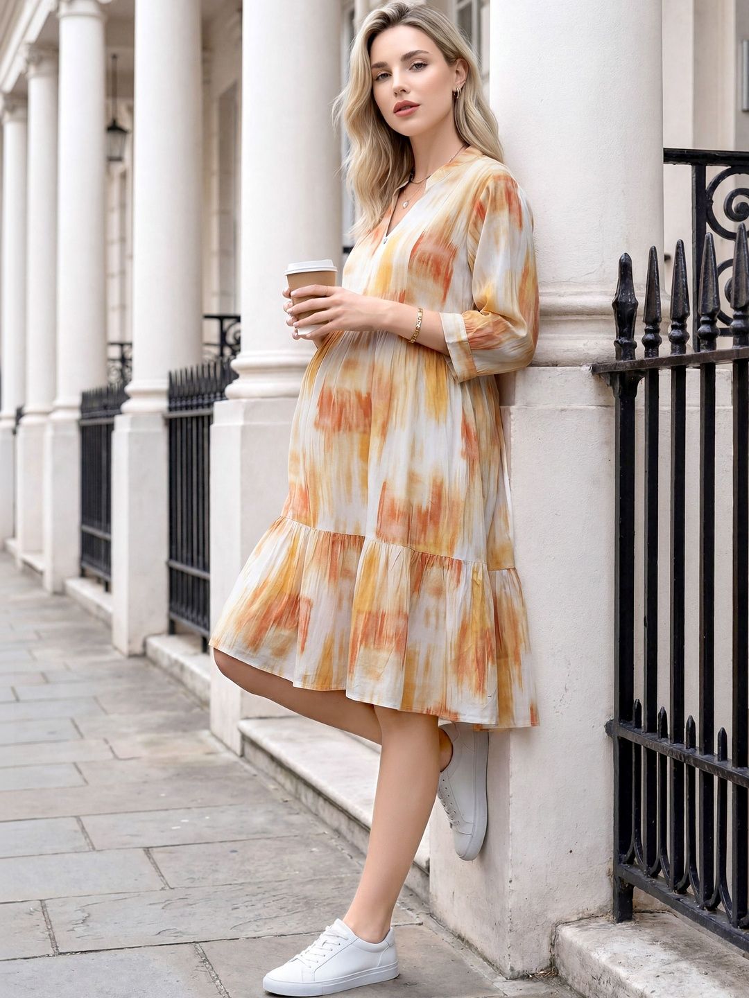 EASY MOM Tie and Dye Print Maternity A-Line Midi Dress