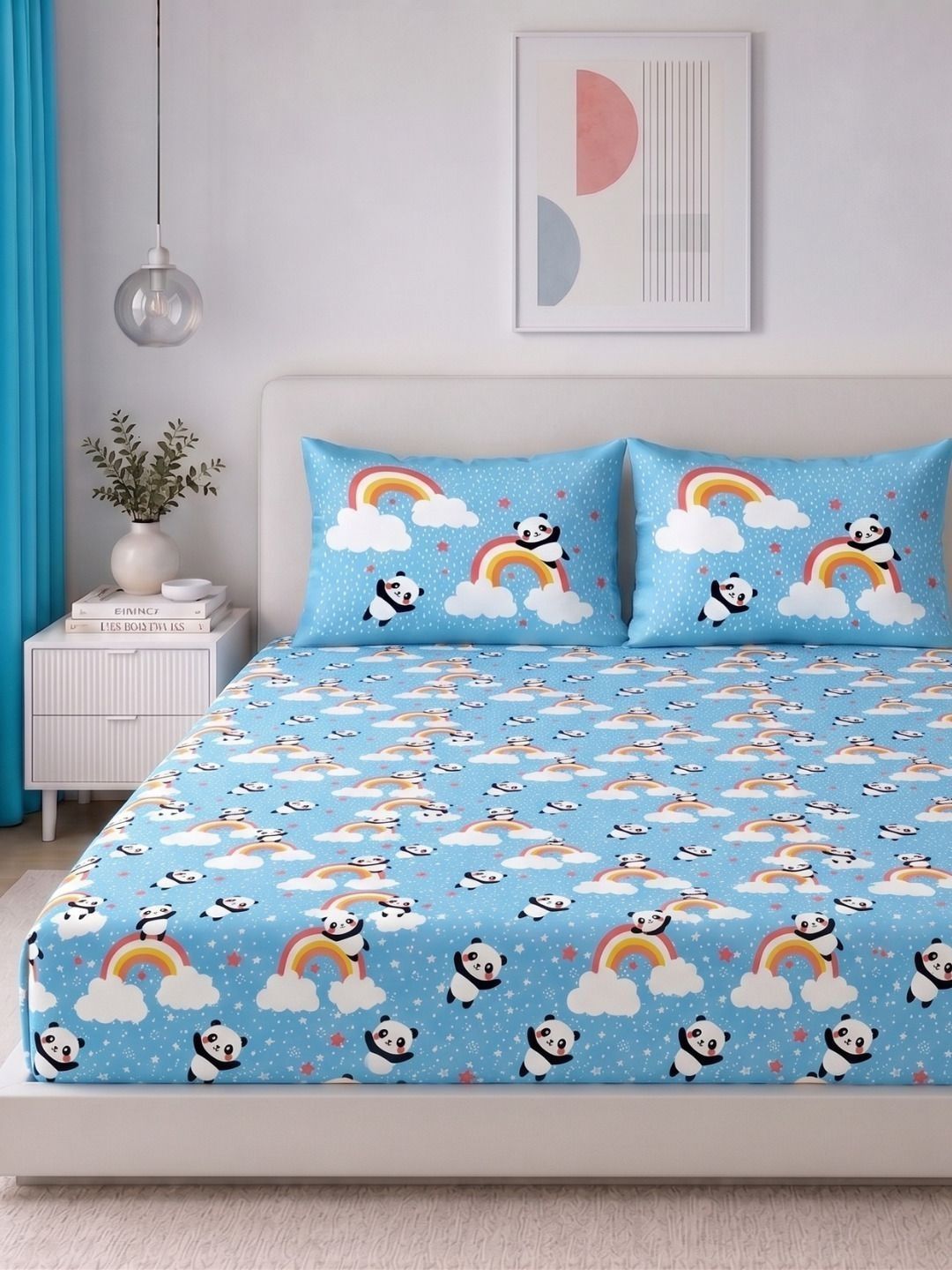 VAASINI VAASINI Blue & White Cartoon Characters 210 TC Bedsheet with 2 Pillow Covers