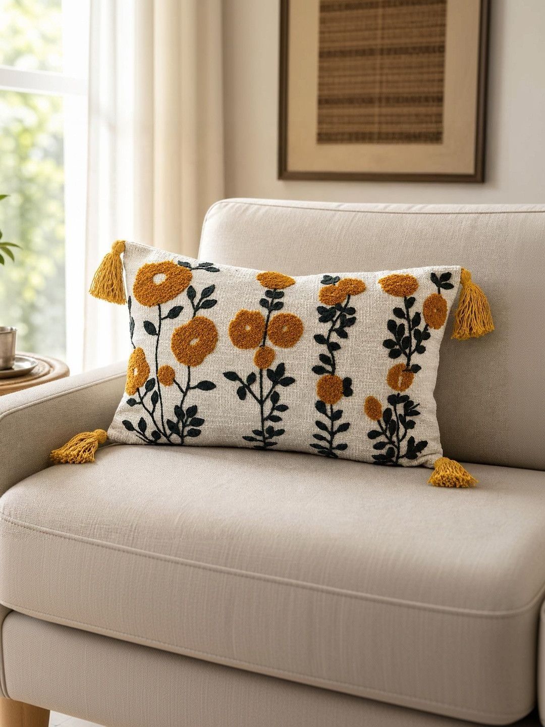 Prista Prista Boho Floral Design Golden Meadow Embroidered Slub Cotton Cushion Cover 12x20 Inch