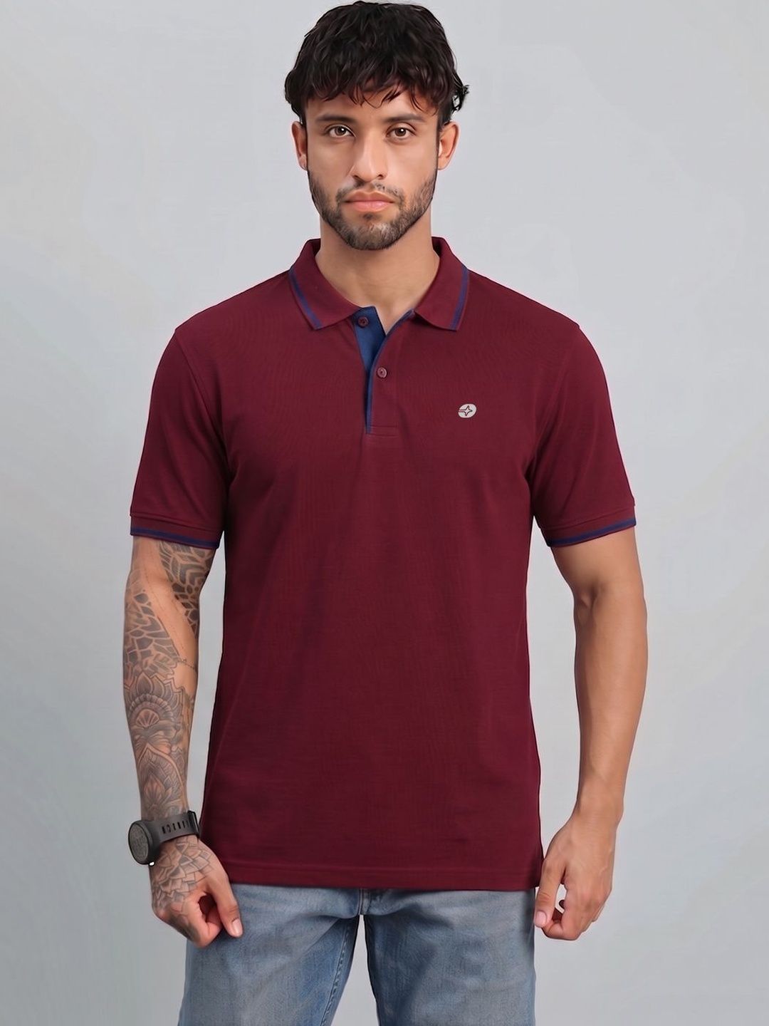LUX NITRO Solid Cotton Blend Ribbed Sleeve Side Slit Polo T Shirt