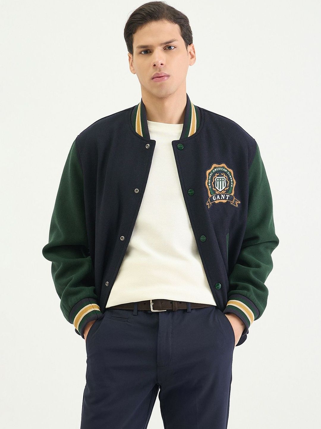 GANT Men Brand Logo Colourblocked Varsity Jacket with Embroidered