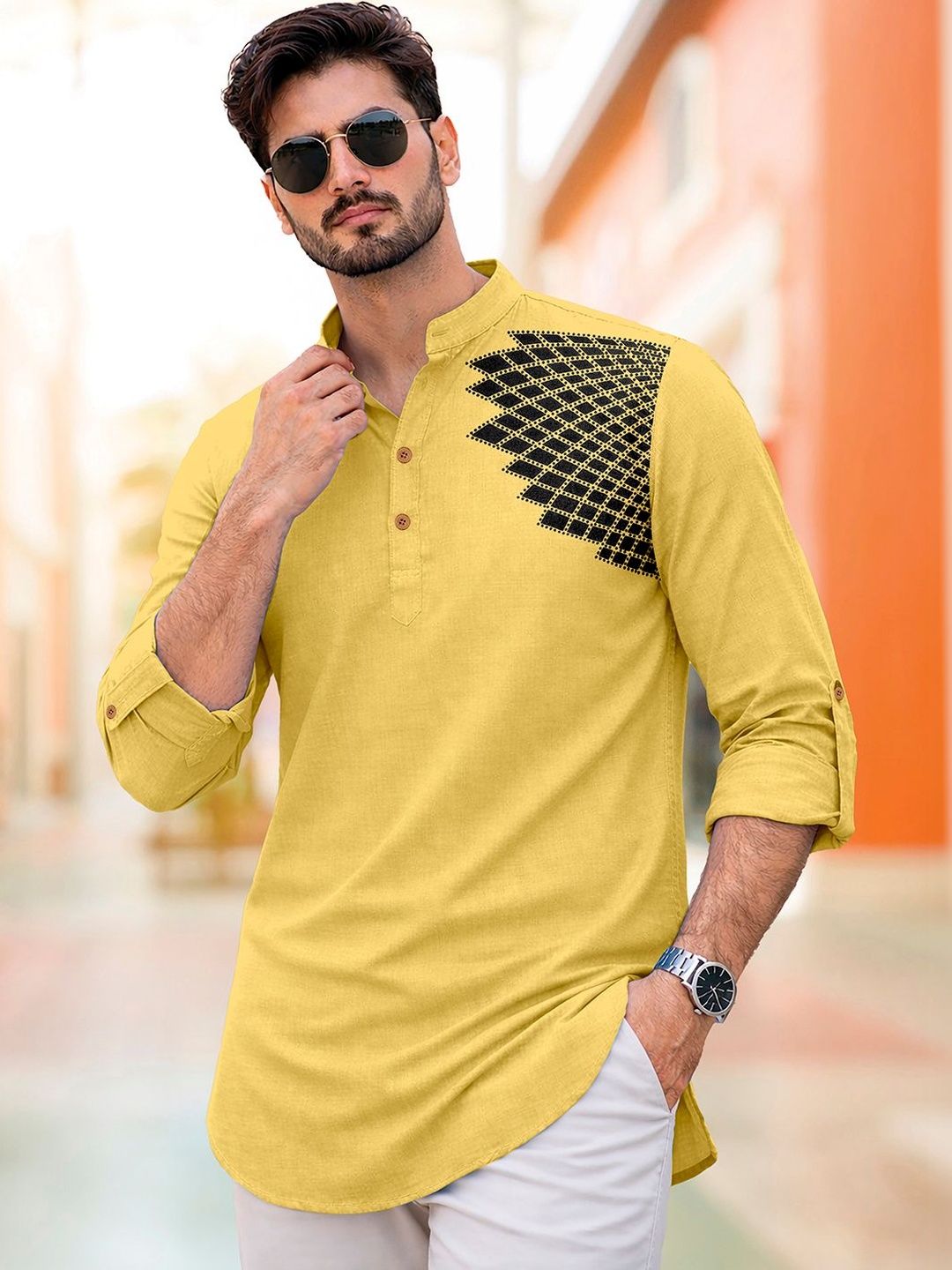 CLOTHING VEDA Men Geometric Printed Thread Work Kurta