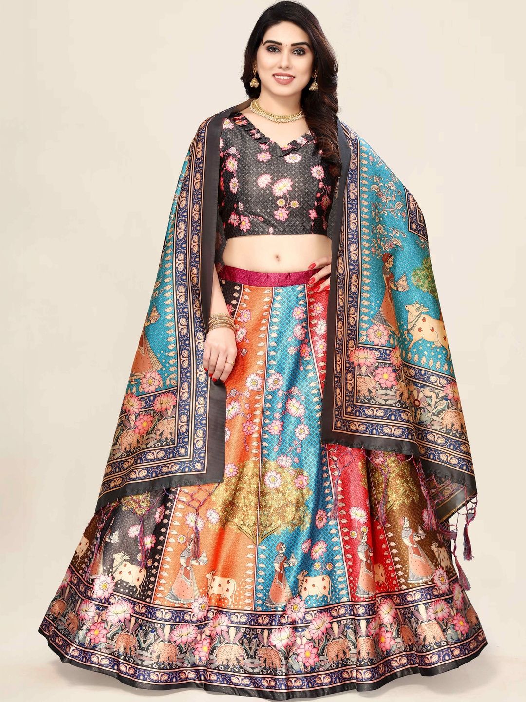 KAHIRAA WHOLETEX Printed Semi-Stitched Lehenga & Unstitched Blouse With Dupatta