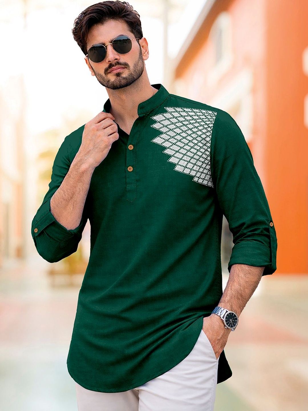 CLOTHING VEDA Men Geometric Printed Thread Work Kurta
