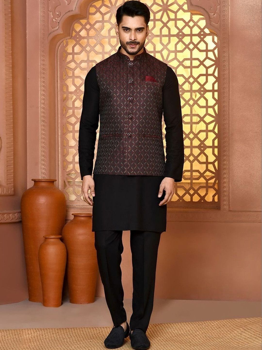 WANAS Woven Design Art Silk Woven Nehru Jackets