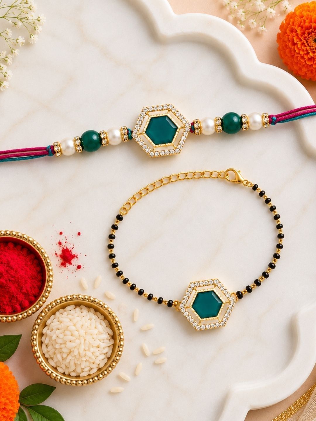 I Jewels Set Of 2 Stone Studded Bhai Bhabhi Mangalsutra Bracelet Rakhi
