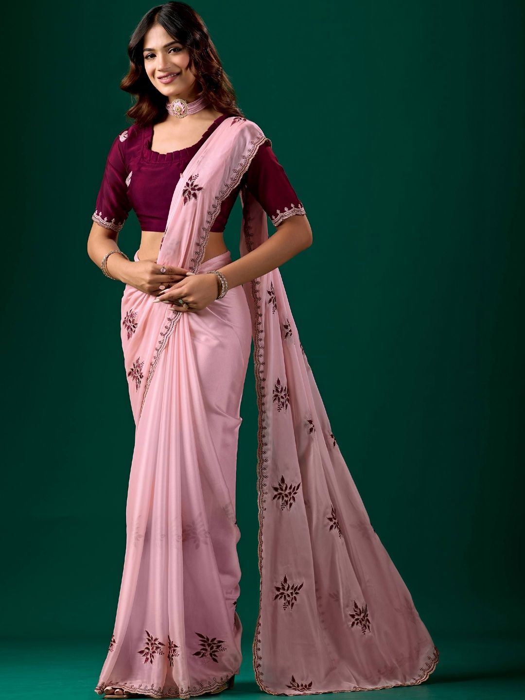 K 5 Fashion Ethnic Motifs Embroidered Pure Chiffon Fusion Ikat Saree