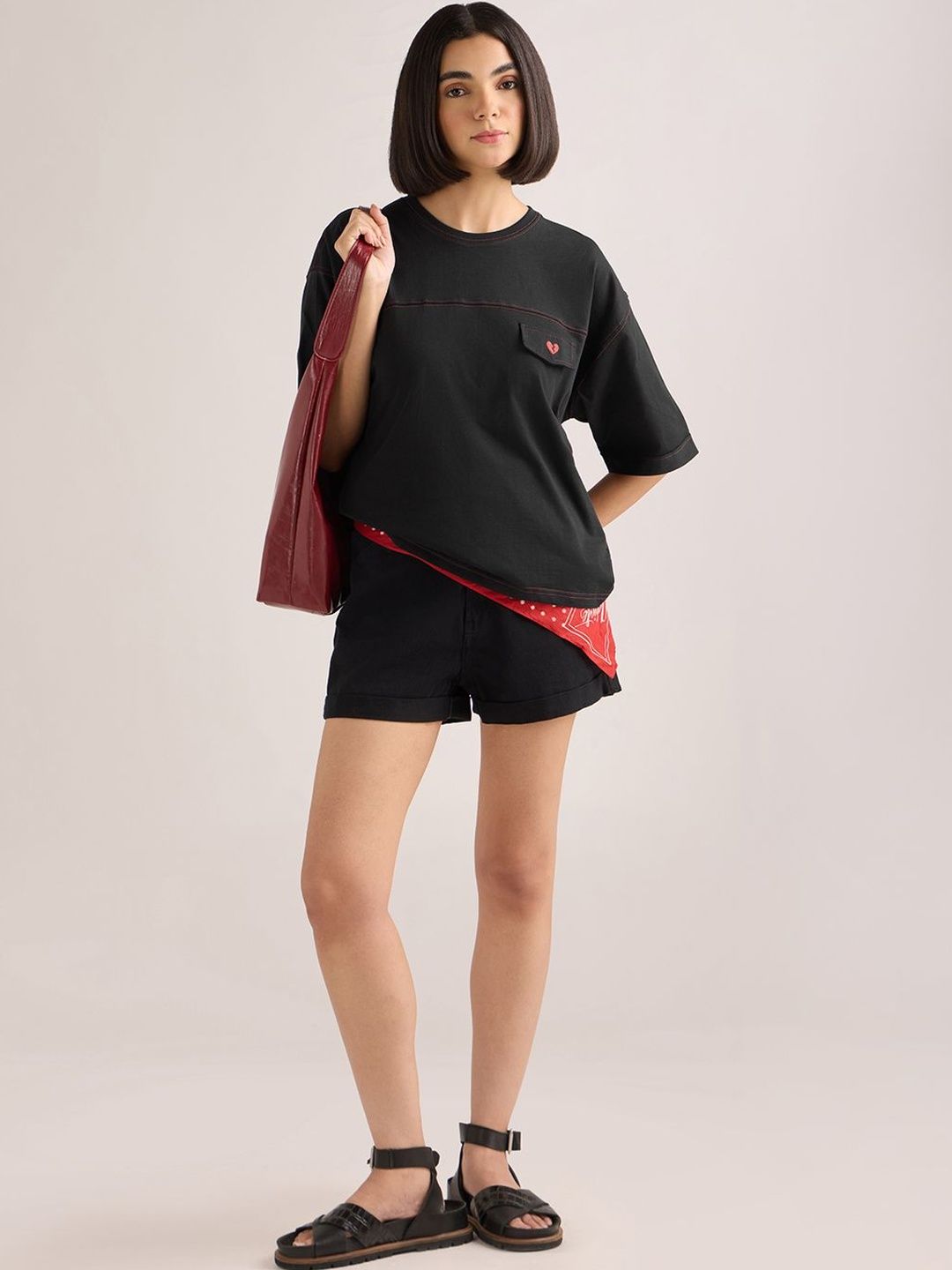DILLINGER Womens Embroidery Boxy Regular Fit Cut & Sew Cotton Tshirt