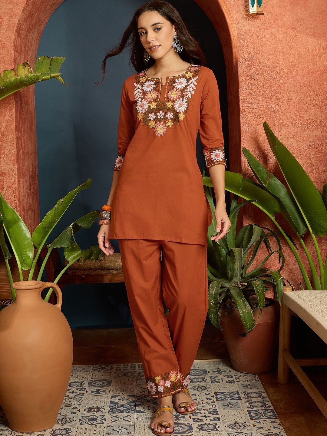 KALINI Women Floral Embroidered Regular Thread Work Pure Cotton Kurti with Trousers