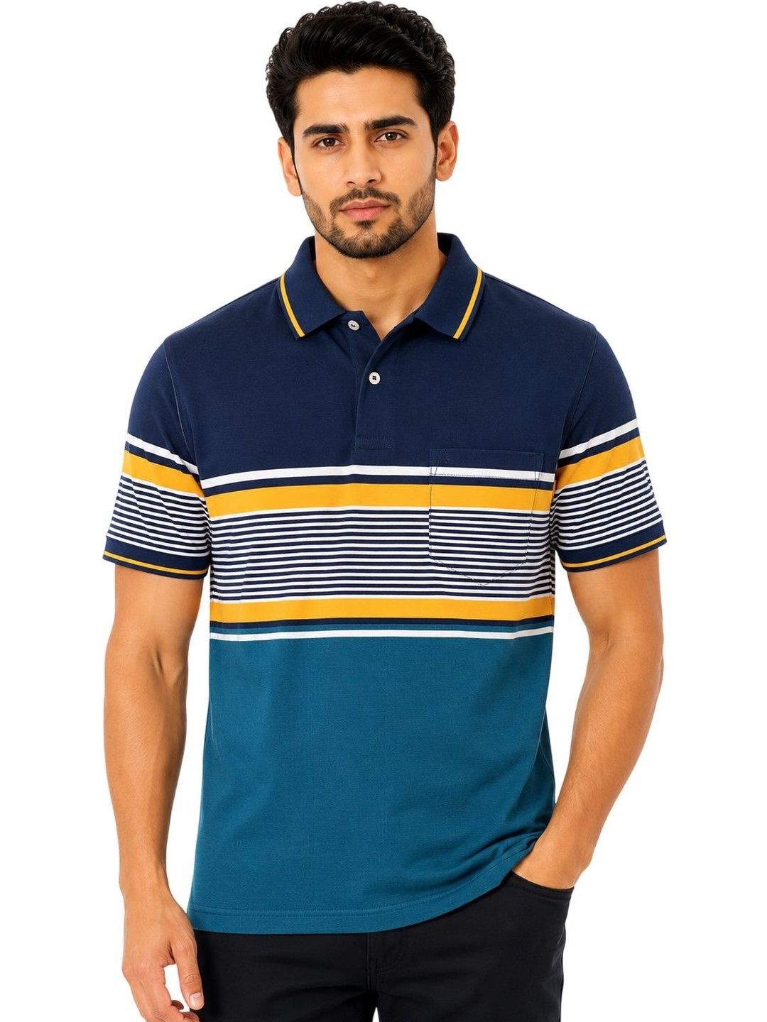 Oakmans Men Striped Polo Collar Pockets T-shirt