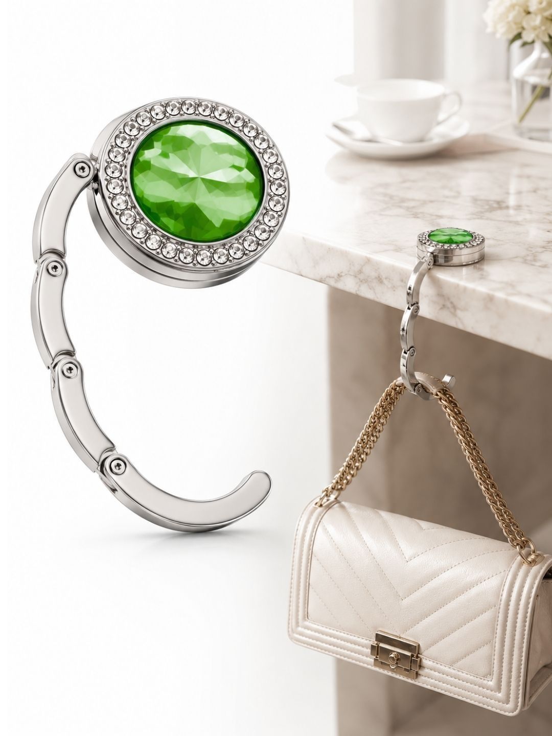Premsons Green & White Metal Bling Round Shape Foldable Purse Holder Hook