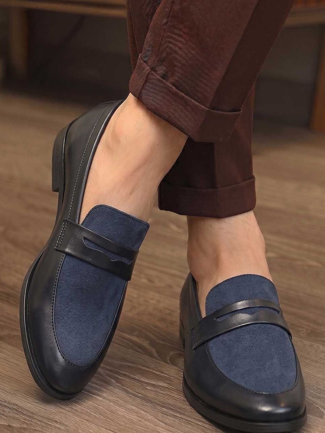 HERE&NOW Men Navy Blue Round Toe Suede Formal Loafers