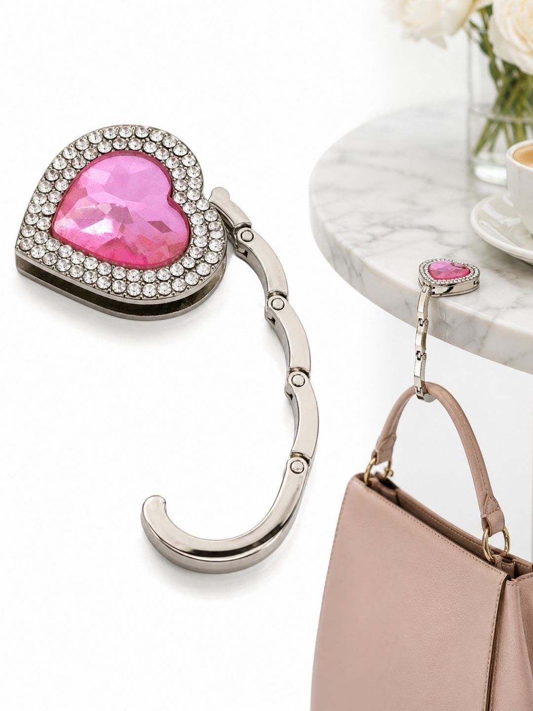 Premsons Pink & White Metal Bling Heart Shape Foldable Purse Holder Hook