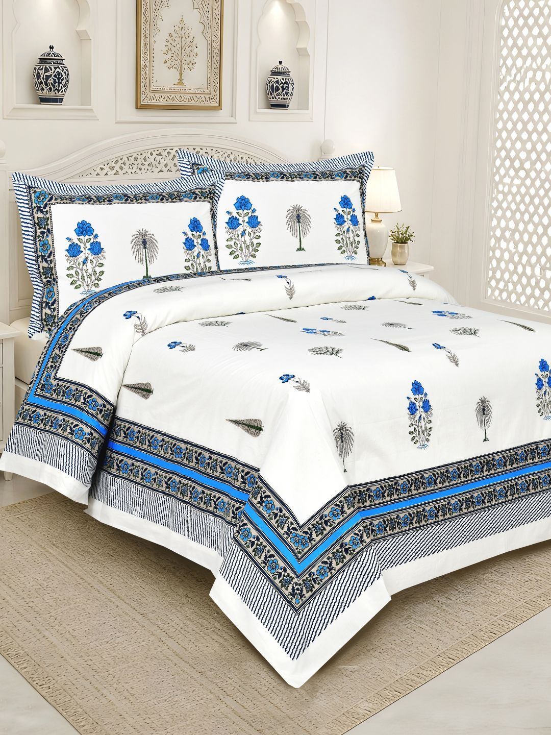 Sangria Sangria Blue Floral Pure Cotton Soft Feel 210 TC Super King Fine Bedsheets
