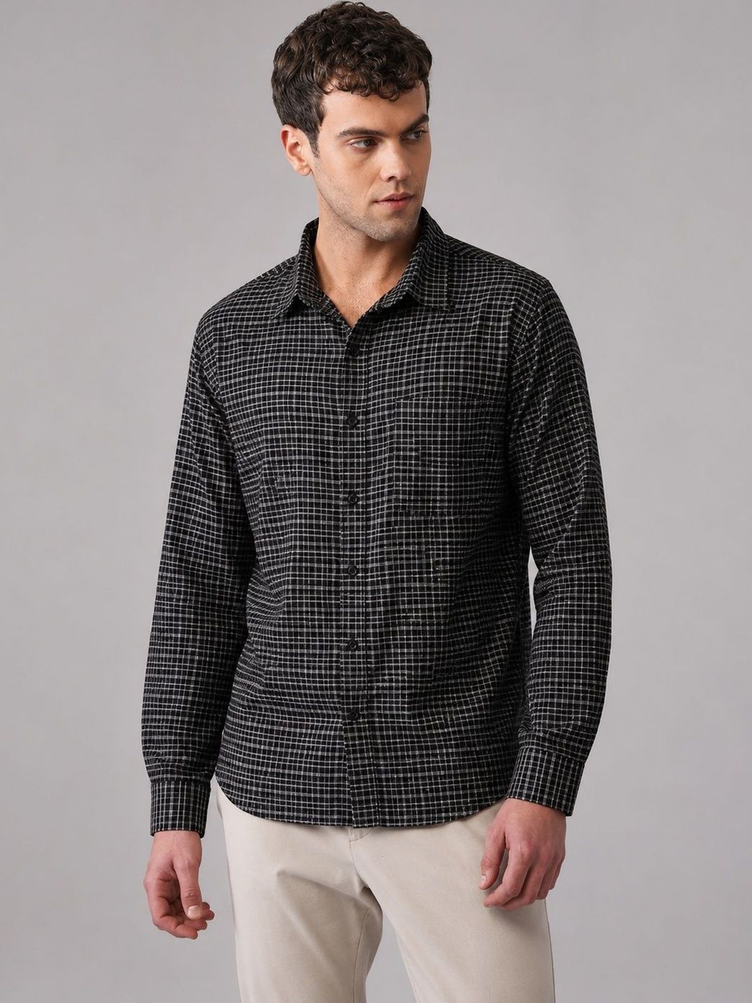 Minus One Men Micro Checks Checked Casual Shirt