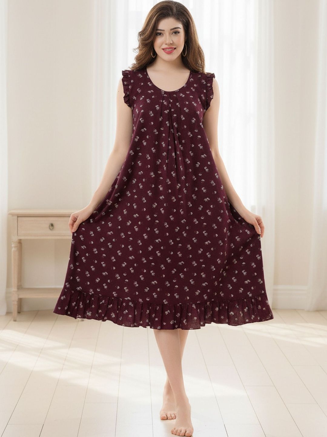 Cloud Soft Women Floral Printed Round Neck Sleeveless Midi Nightdress
