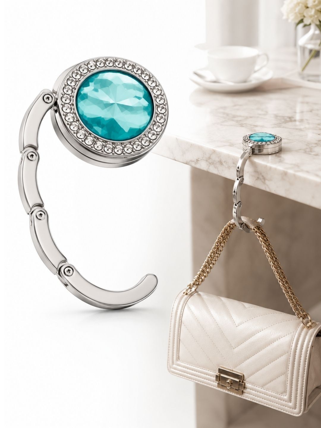 Premsons Blue & White Metal Bling Round Shape Foldable Purse Holder Hook