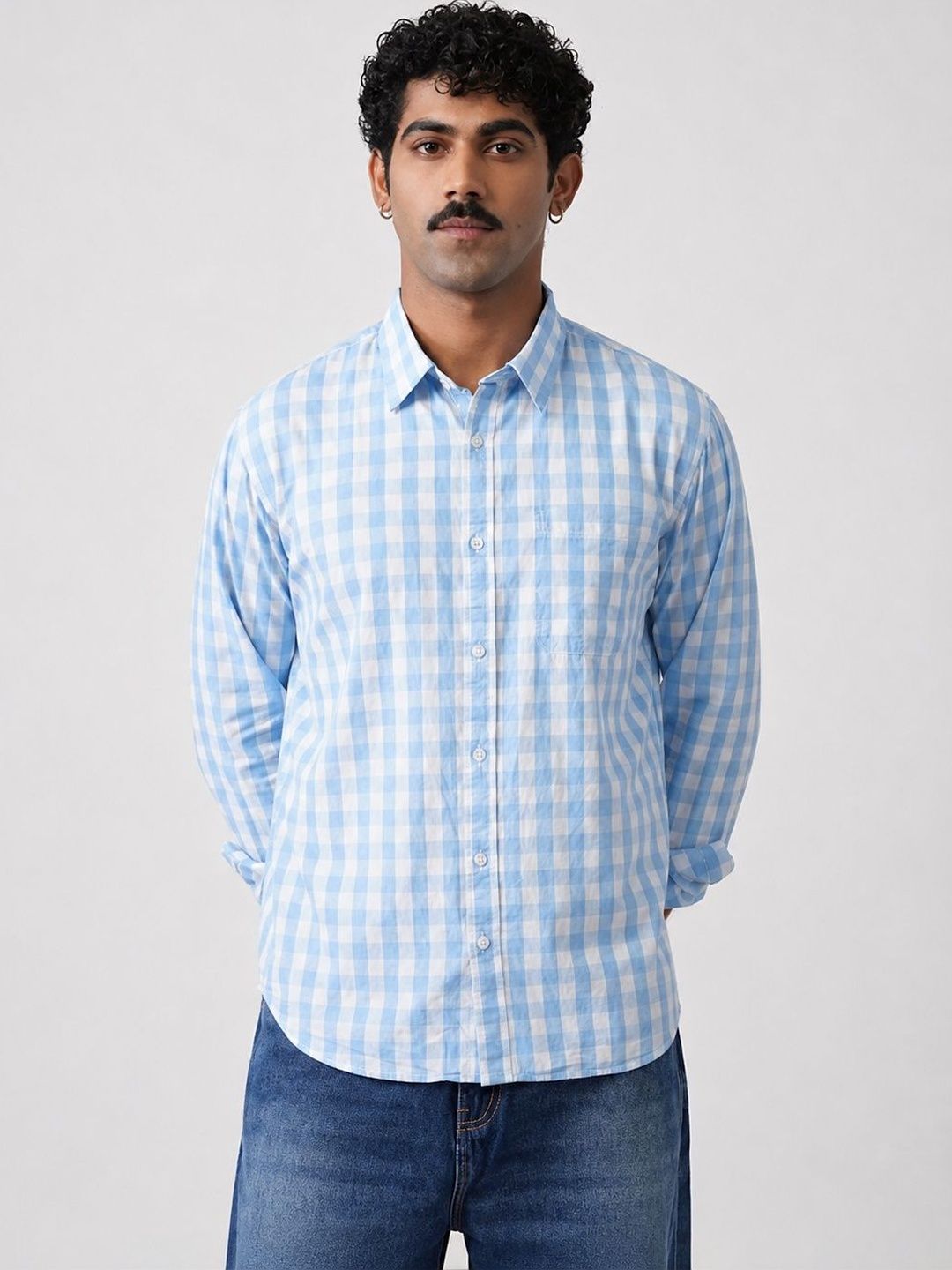 Minus One Men Gingham Checks Checked Casual Shirt