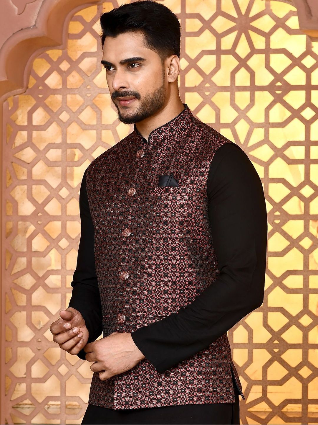 WANAS Men Woven Design Jacquard Nehru Jacket