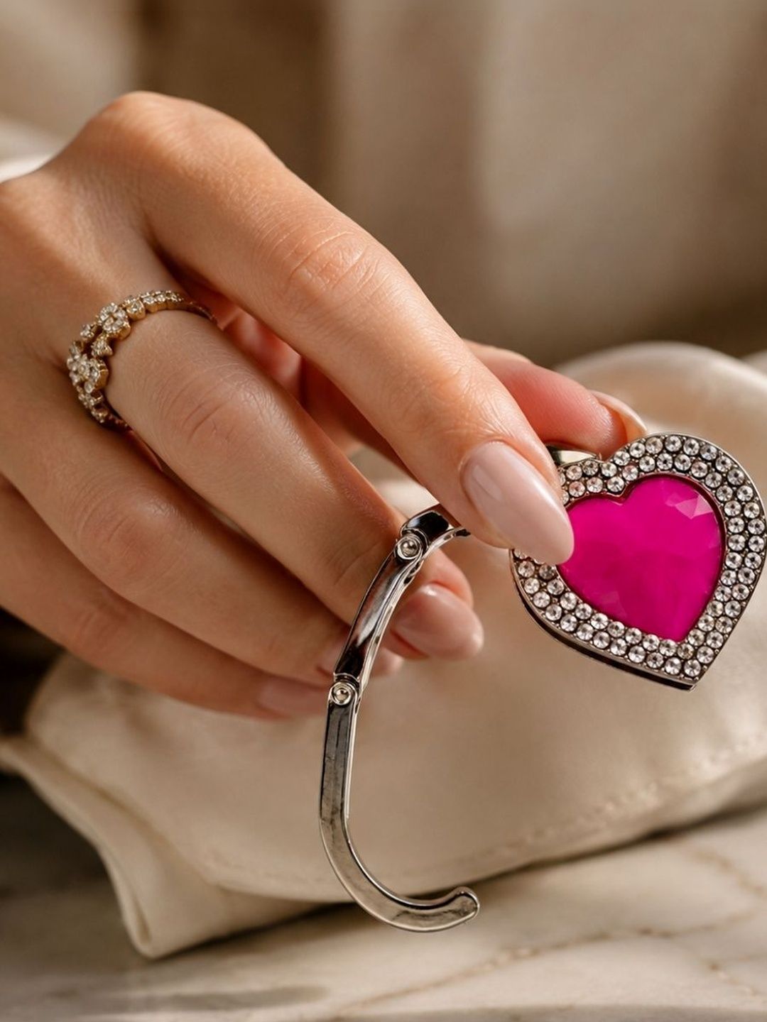 Premsons Pink & White Metal Bling Heart Shape Foldable Purse Holder Hook