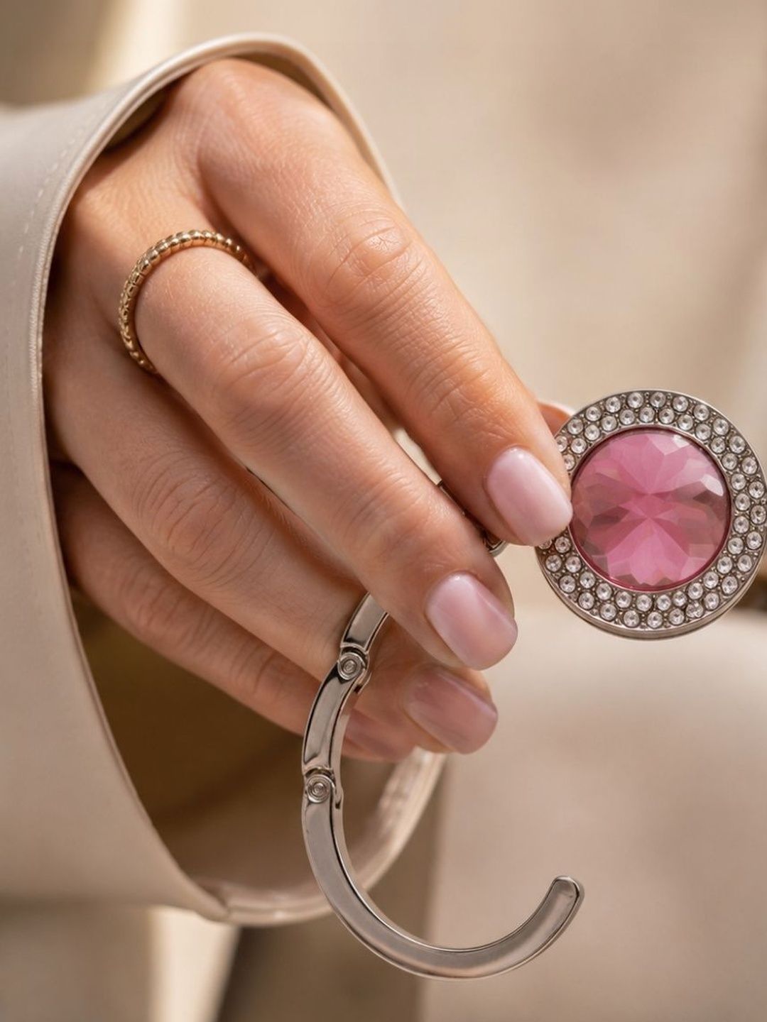Premsons Pink & White Metal Bling Round Shape Foldable Purse Holder Hook