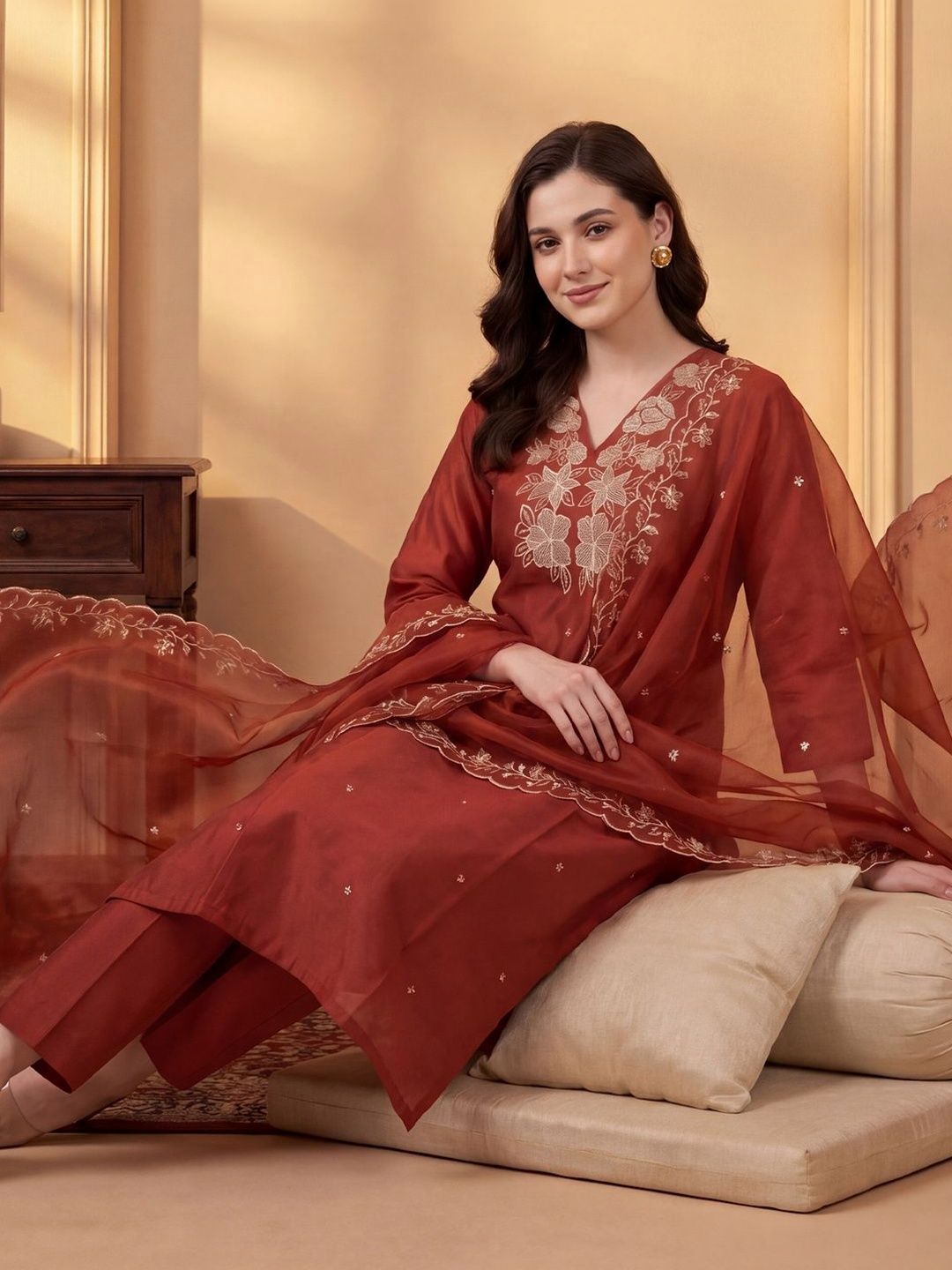 Indo Era Women Floral Embroidered Regular Thread Work Kurta with Trousers & With Dupatta