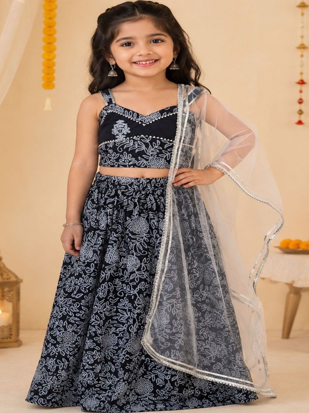 Rangi Saga Girls Embroidered Sequinned Semi-Stitched Lehenga & Blouse With Dupatta