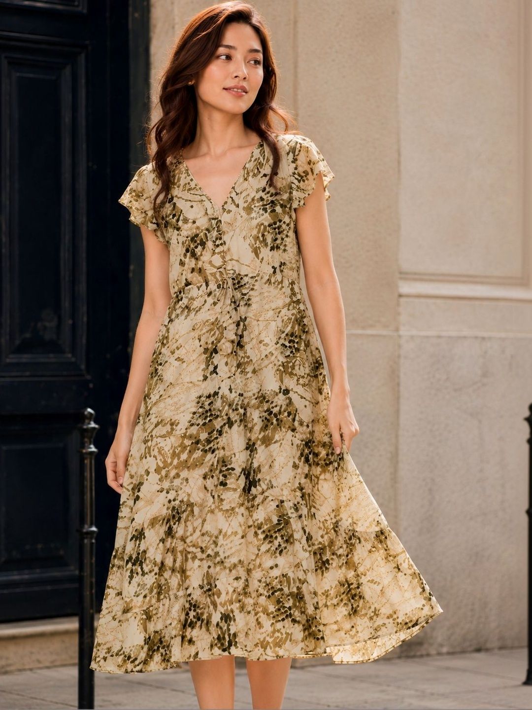 NOWI Print Flutter Sleeve Fit & Flare Midi Dress