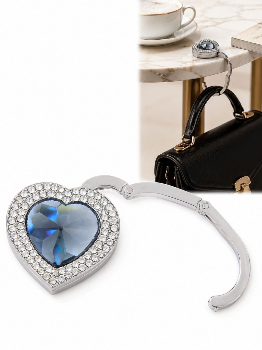 Premsons Blue & White Metal Bling Heart Shape Foldable Purse Holder Hook