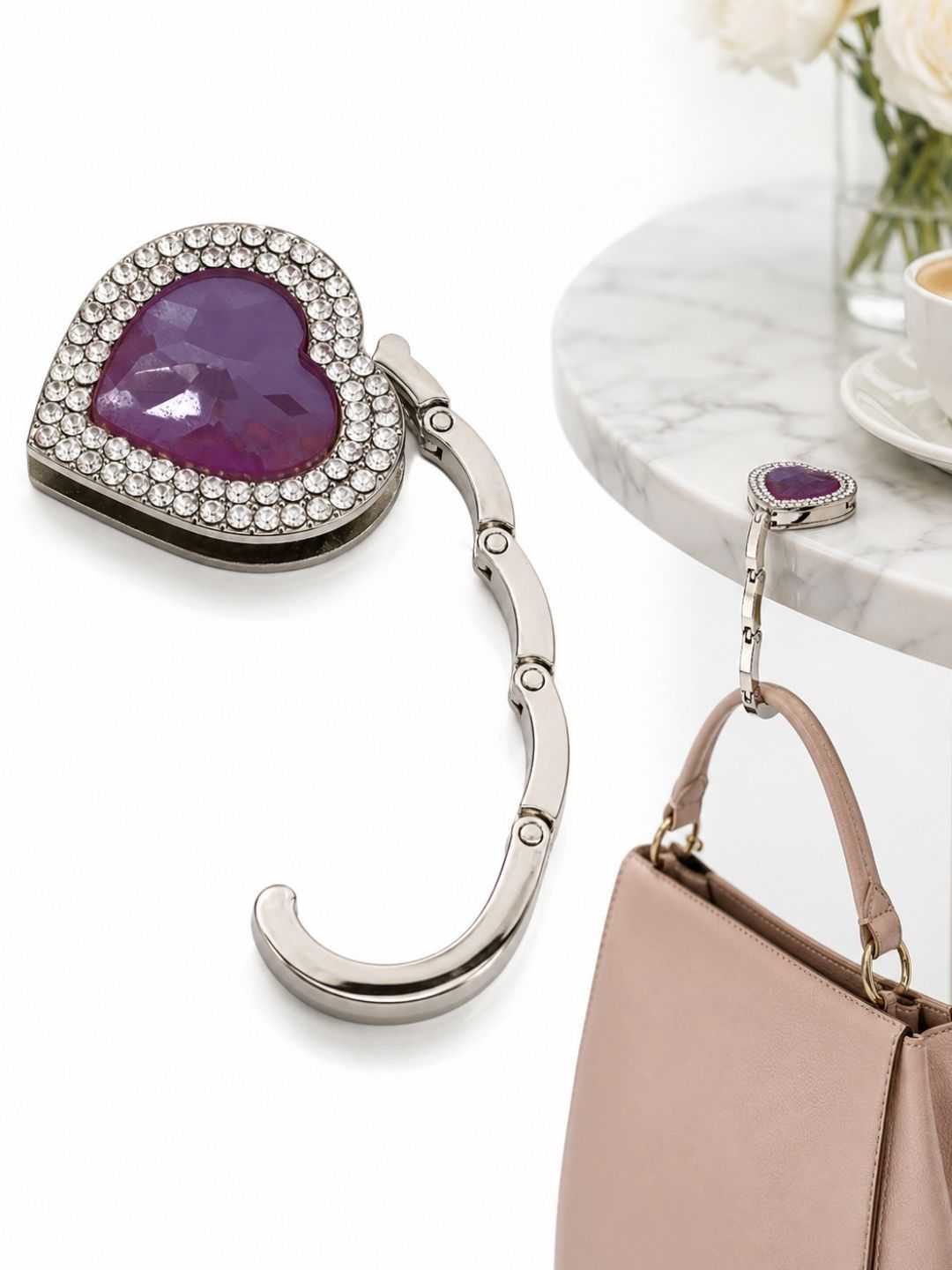 Premsons Purple & White Metal Bling Heart Shape Foldable Purse Holder Hook
