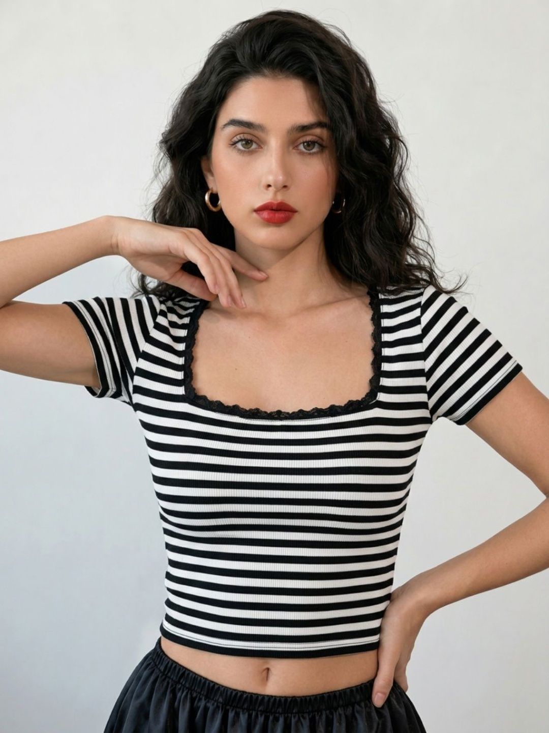 Istyle Can Istyle Can Striped Ruffles Crop Top