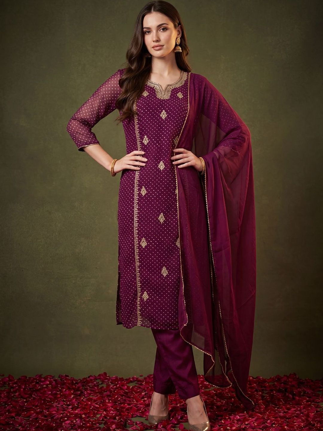 Indo Era Women Ethnic Motifs Embroidered Regular Kurta with Trousers & With Dupatta