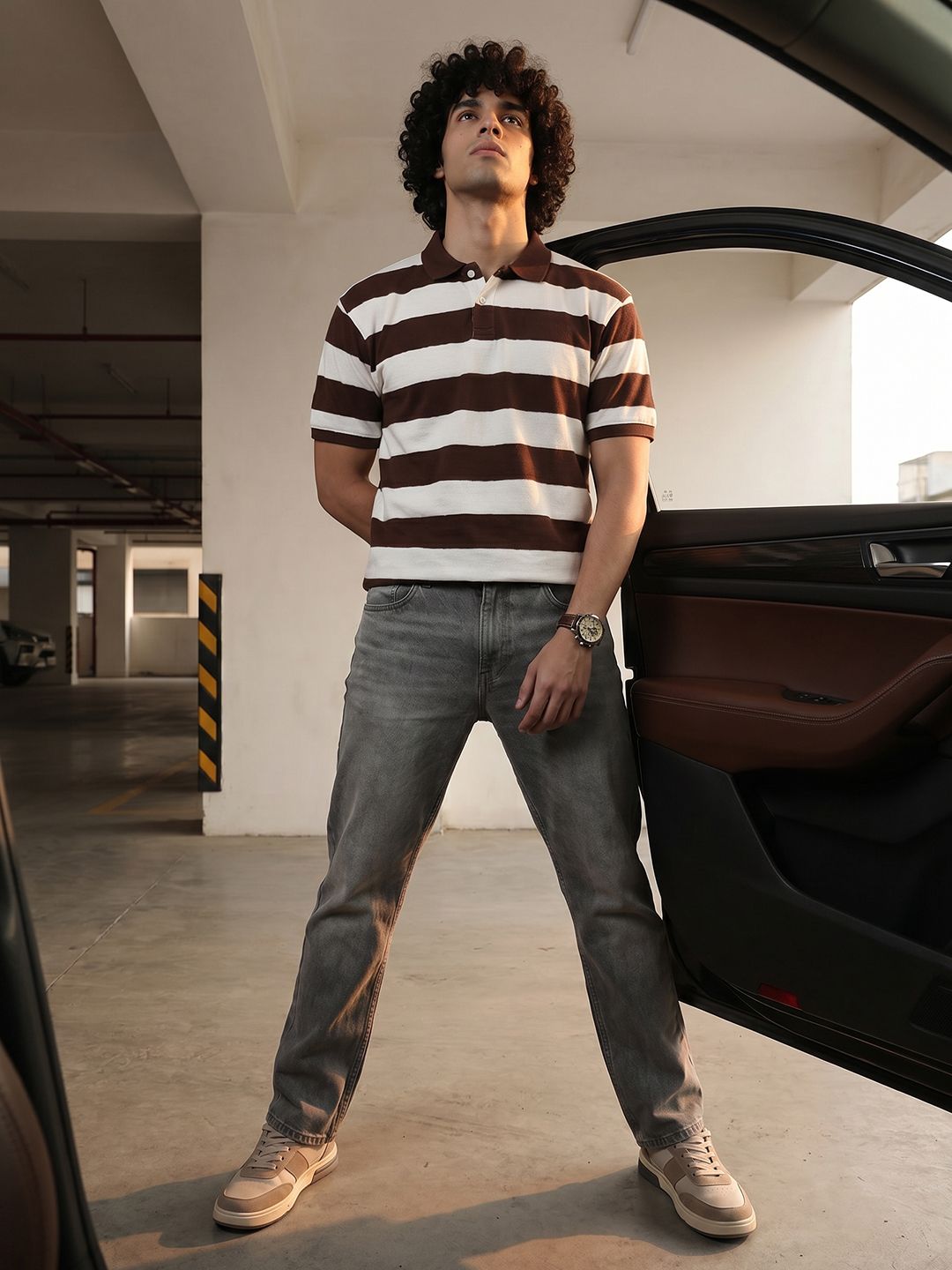 The Roadster Life Co. Striped Polo Collar Relaxed Fit T-shirt