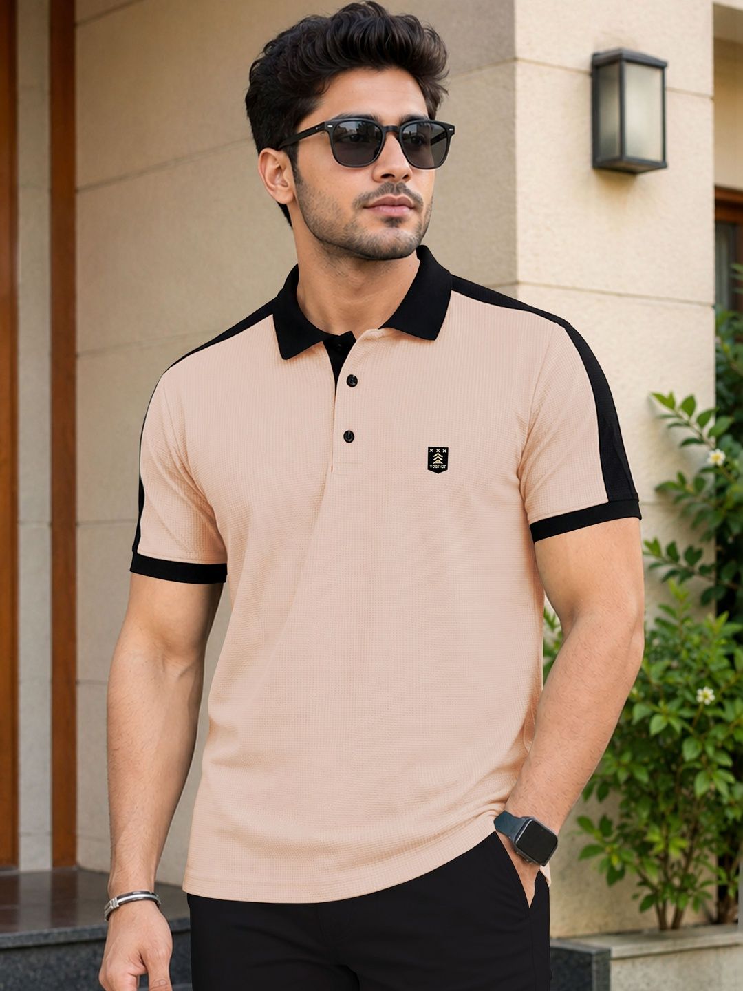 VeBNoR Men Brand Logo Colourblocked Polo Collar Pockets T-shirt