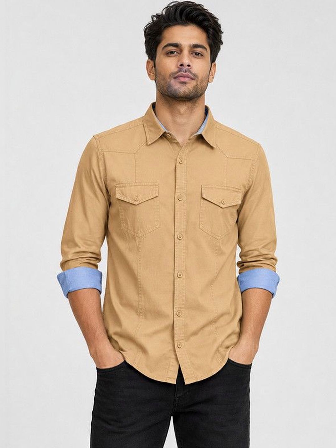 FRANKSHIRT Men Cream Solid Cargo Cotton Regular Fit Full Sleeve Casual Shirt