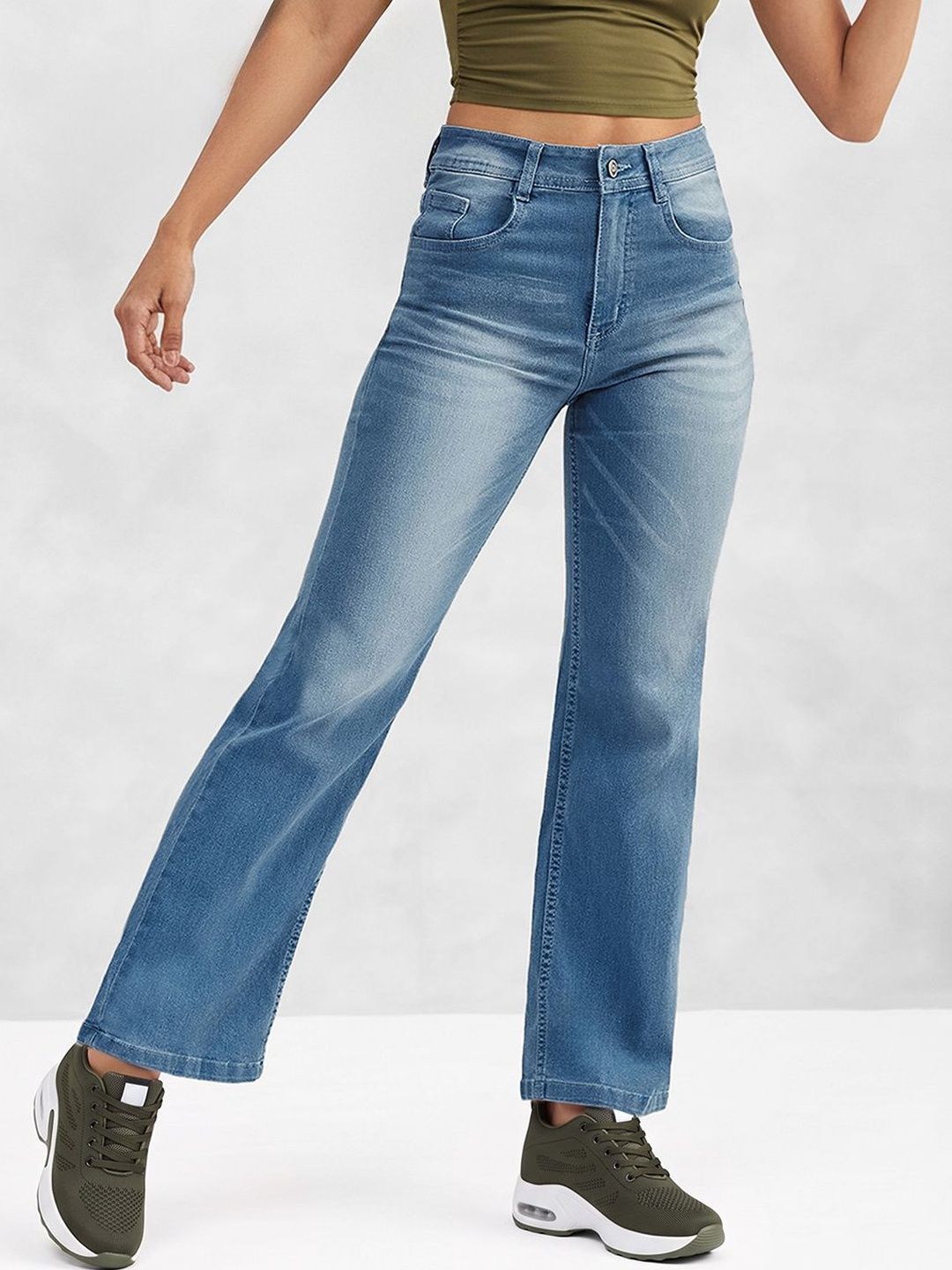 Mast & Harbour Women Wide-Leg Regular Length Blast Effect Light Weight Denim Jeans