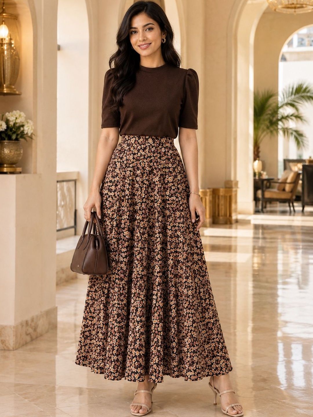 AmorLuxe AmorLuxe Floral Print Puff Sleeve A-Line Maxi Dress