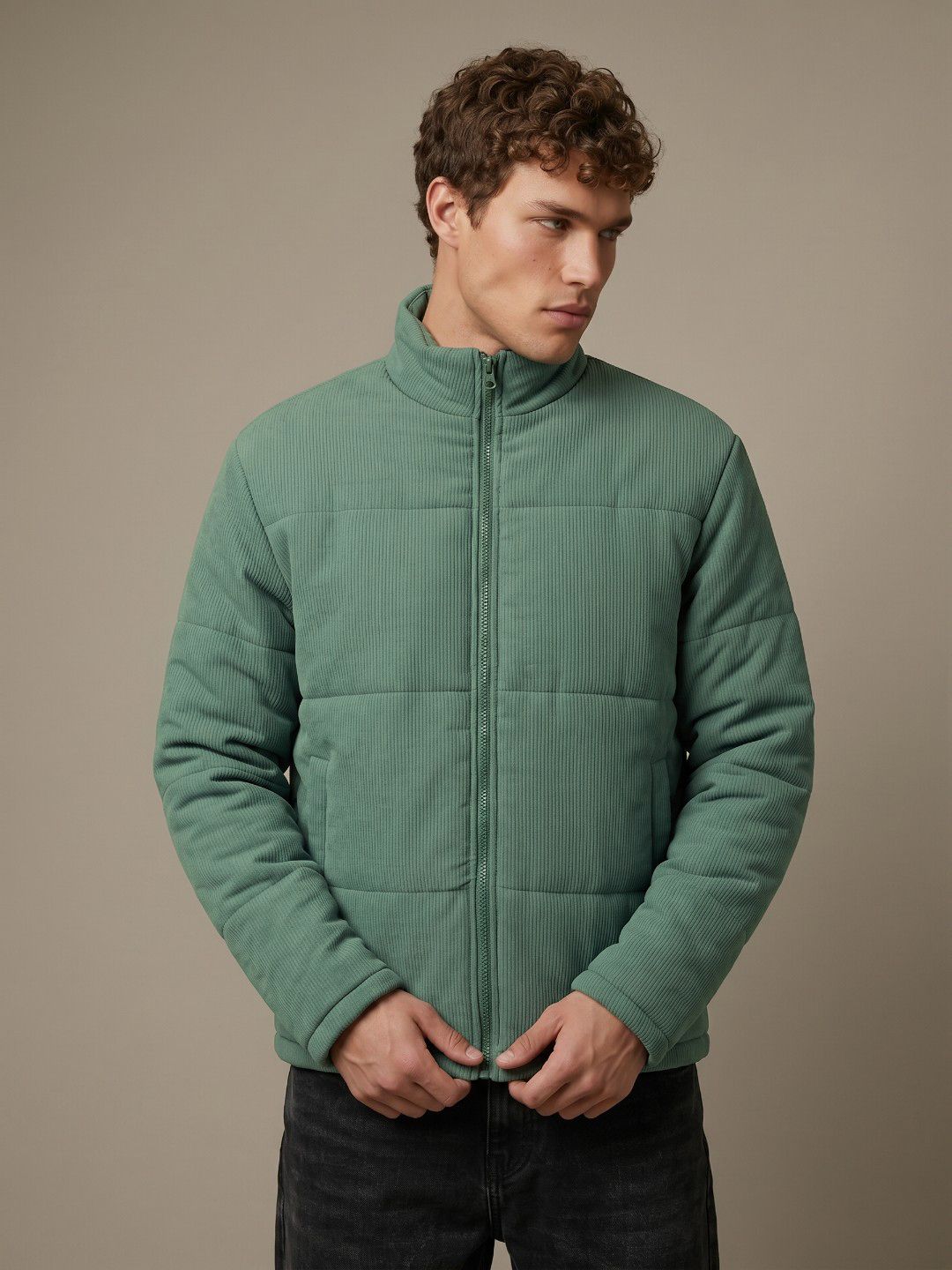 glitchez Ribbed Mock Collar Puffer Jacket