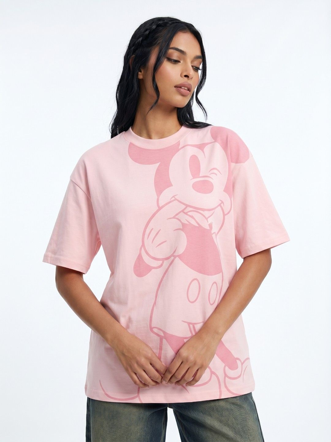 glitchez Mickey Mouse Printed Oversized Fit Drop-Shoulder Sleeves Pure Cotton T-shirt