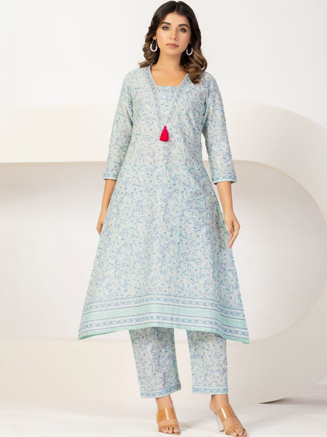 VEDANA Floral Cotton Printed Tunic with Trousers
