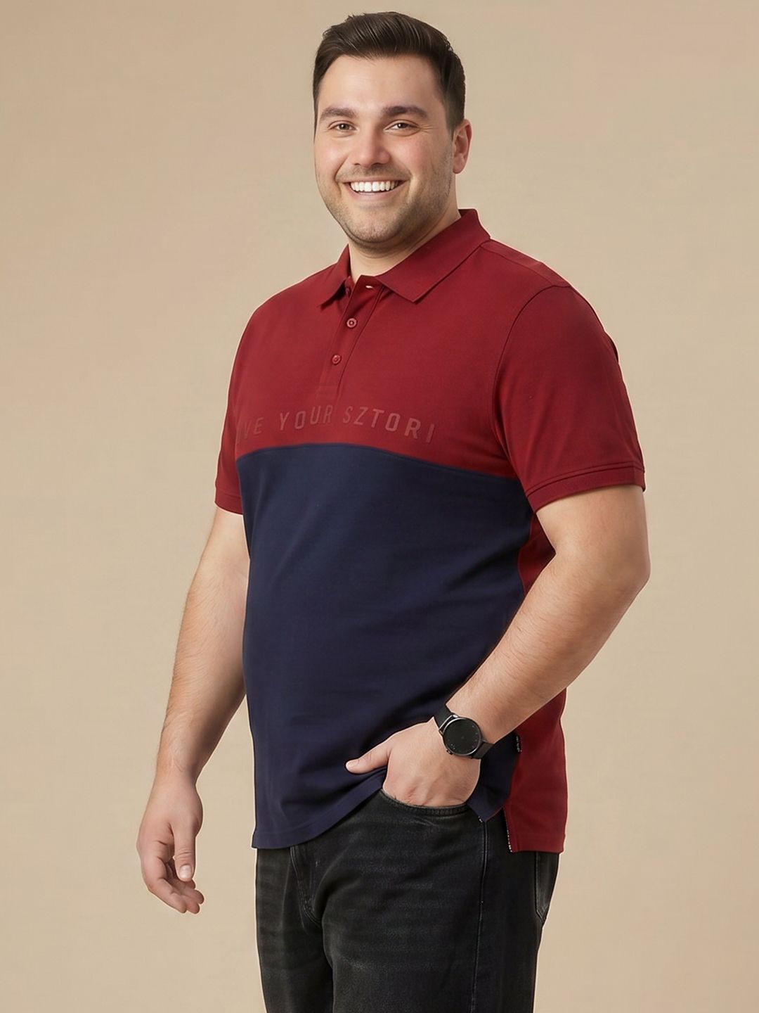 Sztori Plus Size Colourblocked Polo Collar Pure Cotton T-shirt