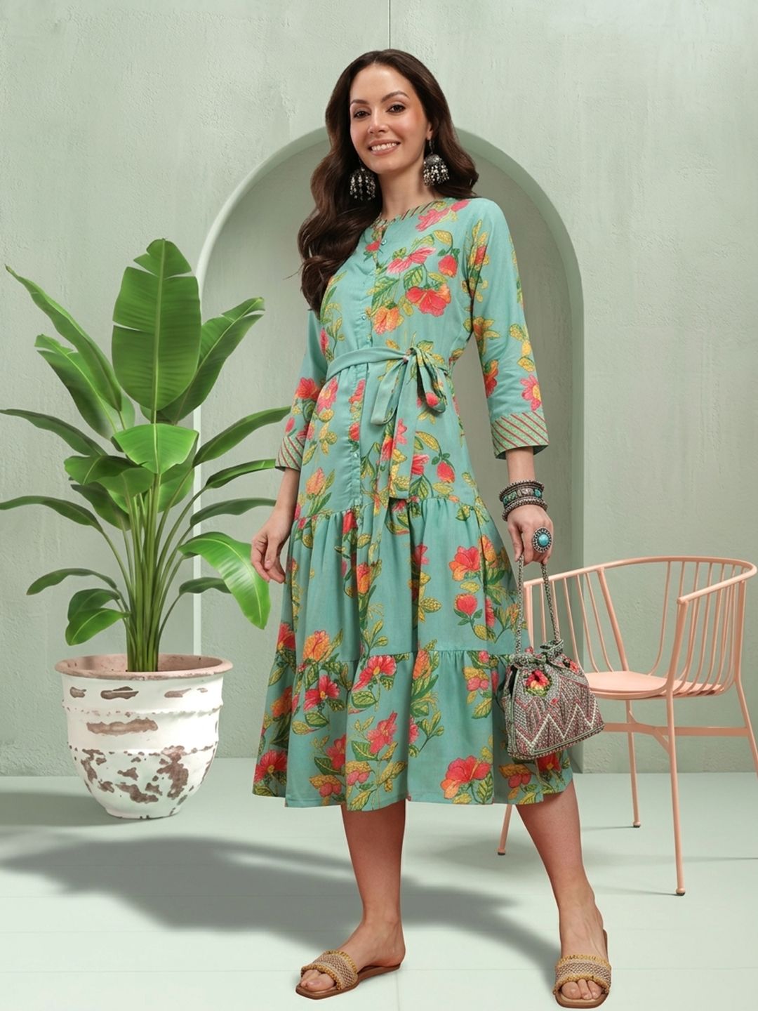 Sangria Floral Print Tiered Shirt Style Dress
