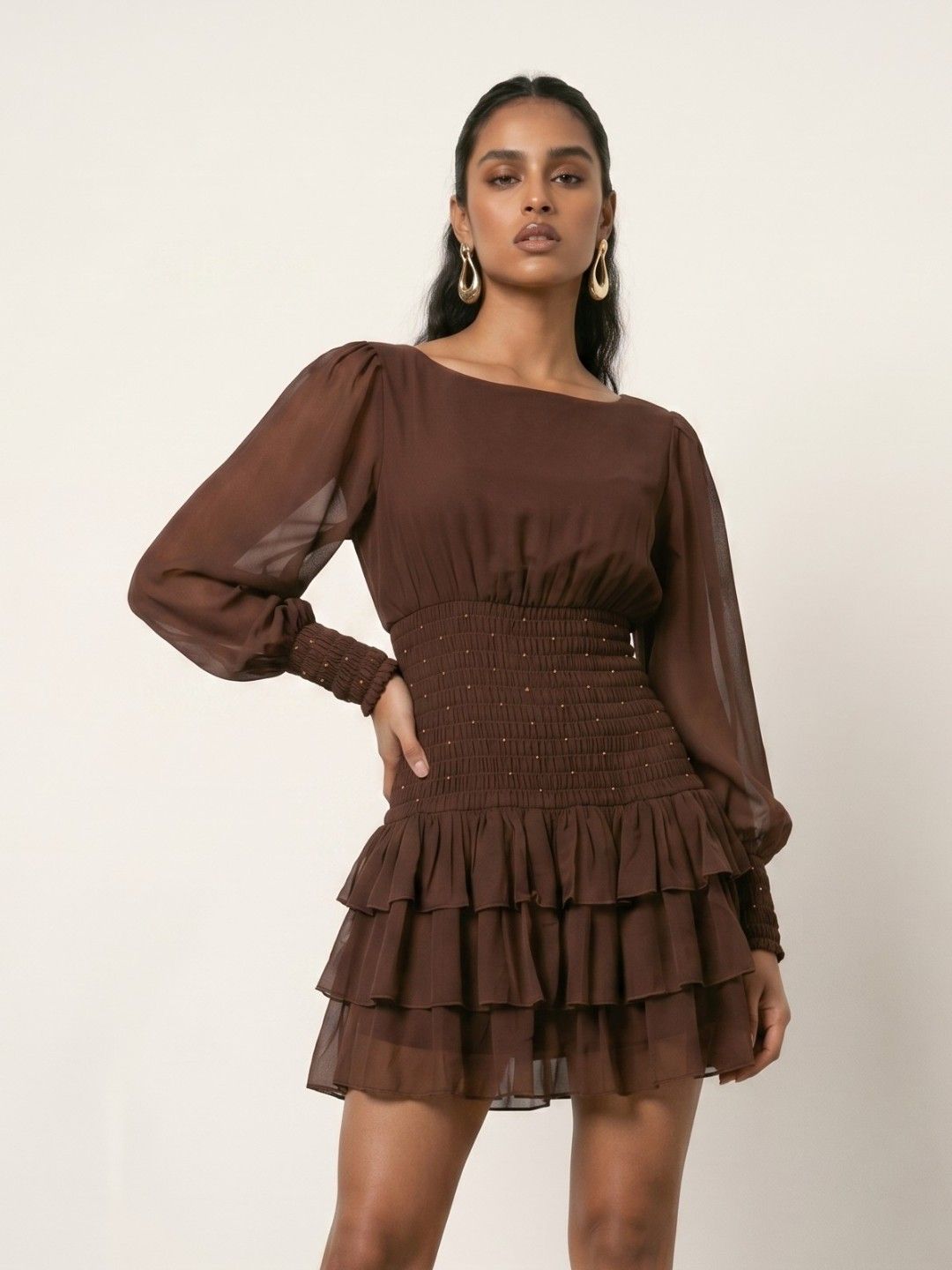 Phosphorus Phosphorus Boat neck Puff Sleeves Mini Sheath Dress