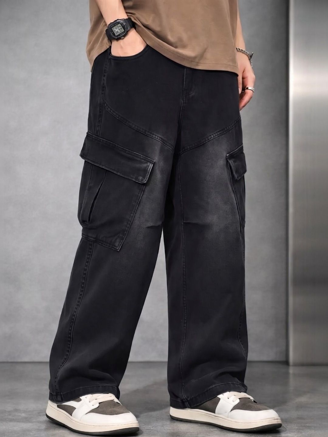 BREXX BREXX Men Jean Wide Leg Mid-Rise Low Distress Stretchable Jeans