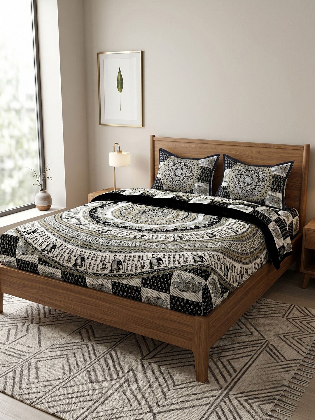 Adwitiya Adwitiya Green & White Ethnic Motifs 220 TC Double King Bedsheet with 2 Pillow Covers
