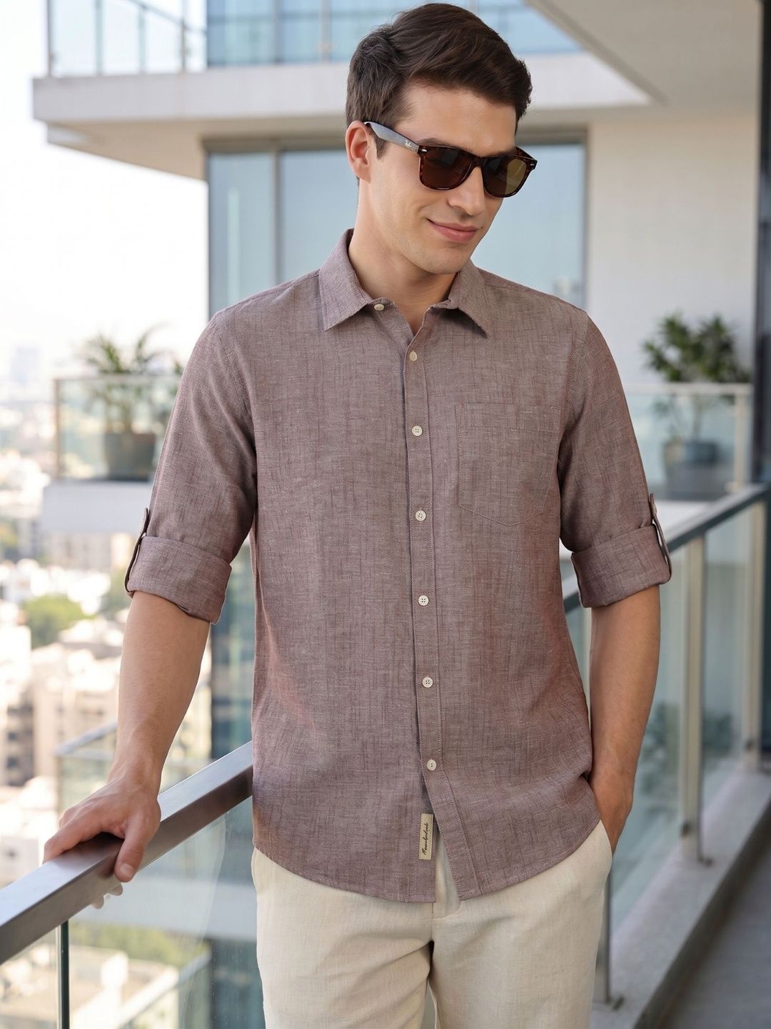 Thomas Scott Men Slim Fit Long Roll-Up Sleeves Spread Collar Solid Linen Casual Shirt