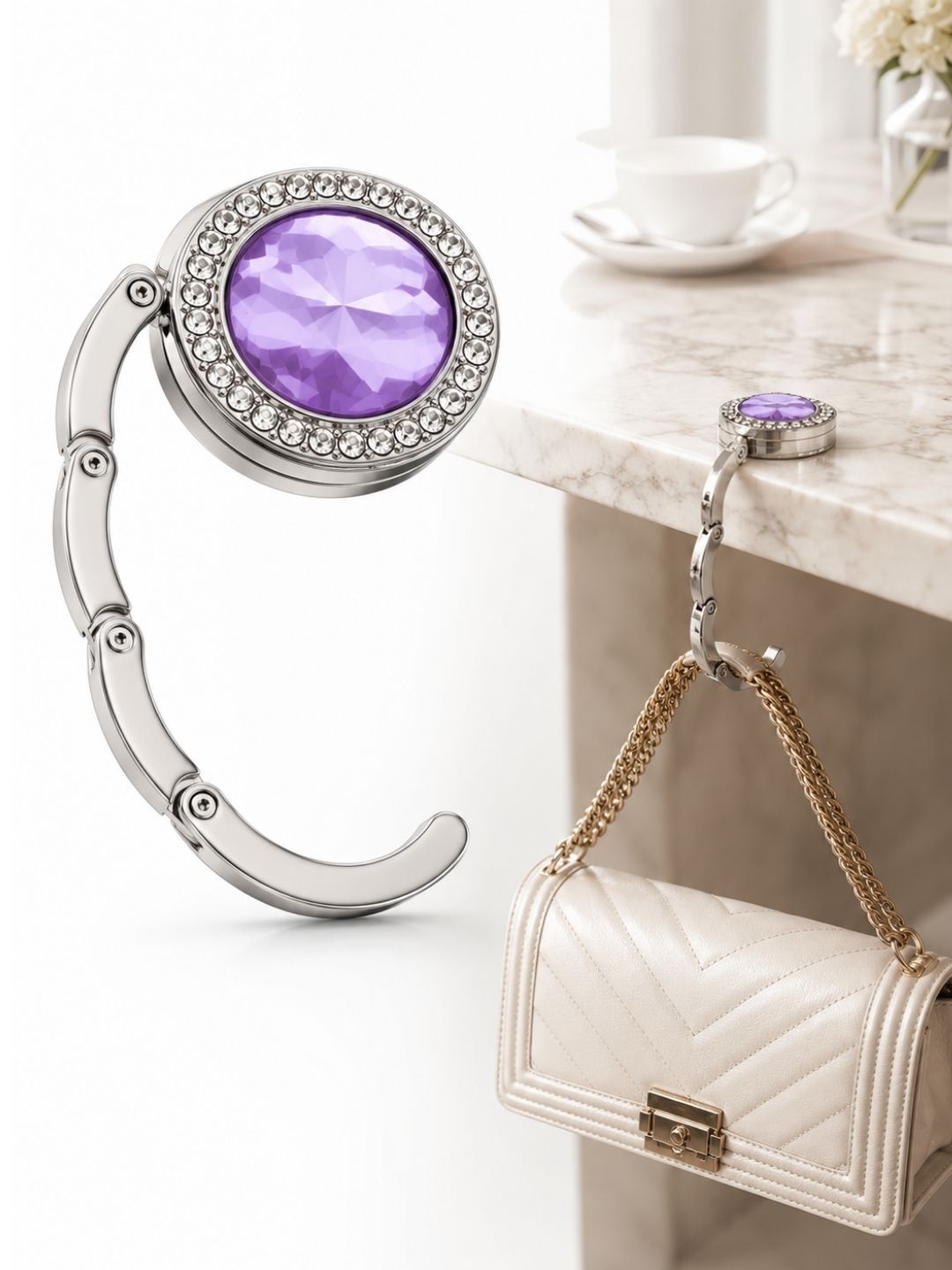 Premsons Purple & White Metal Bling Round Shape Foldable Purse Holder Hook