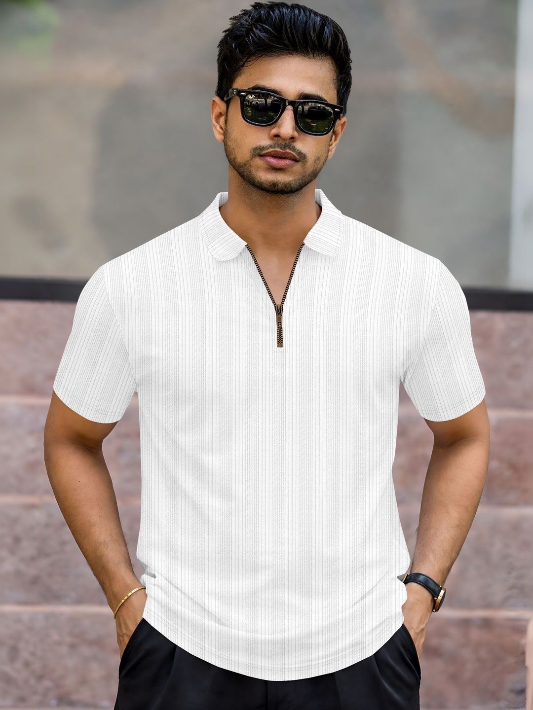 HERE&NOW Men Striped Polo Collar T-shirt