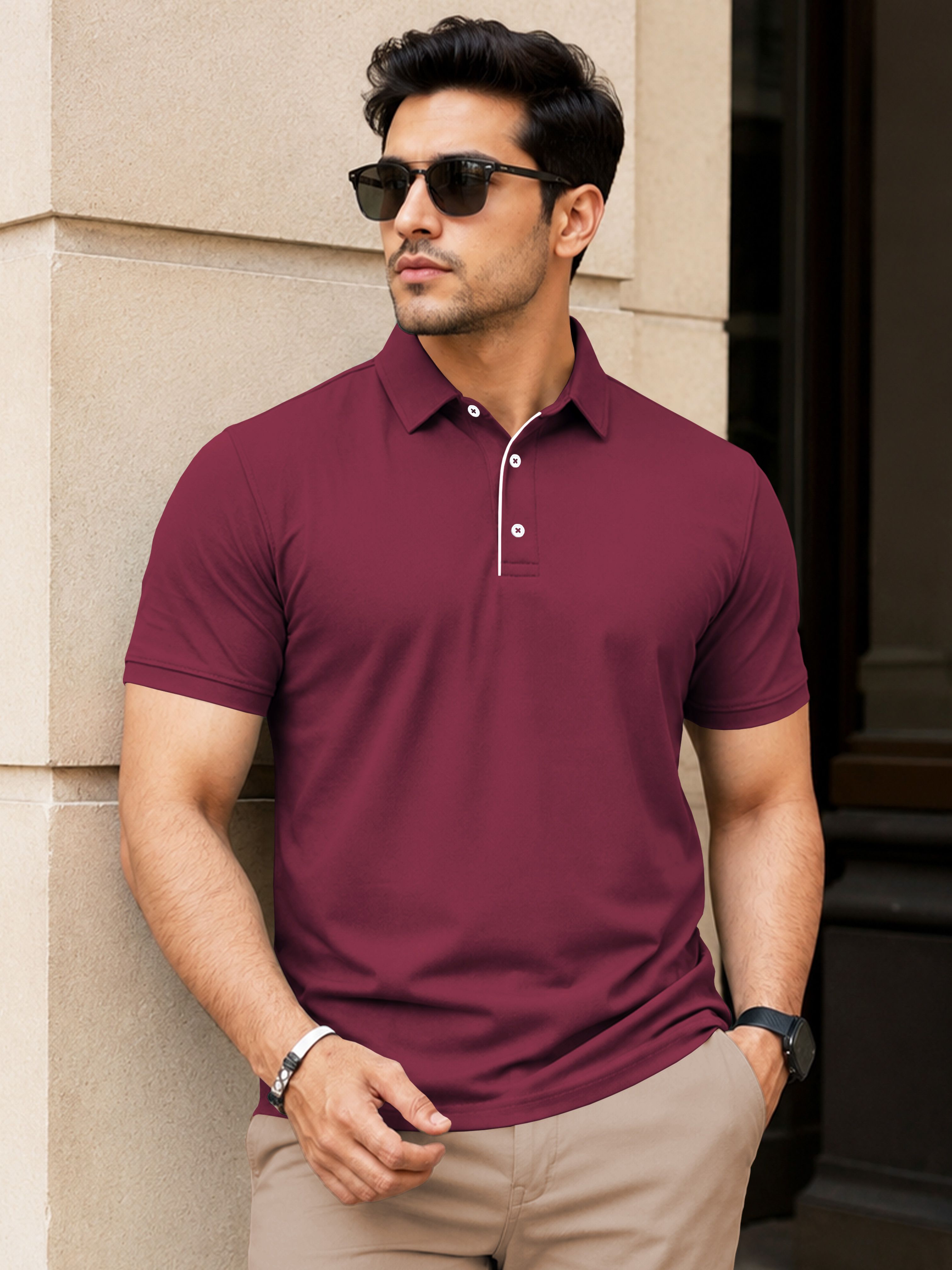 VeBNoR Men Solid Polo Collar Short Sleeves Slim Fit Casual T-shirt