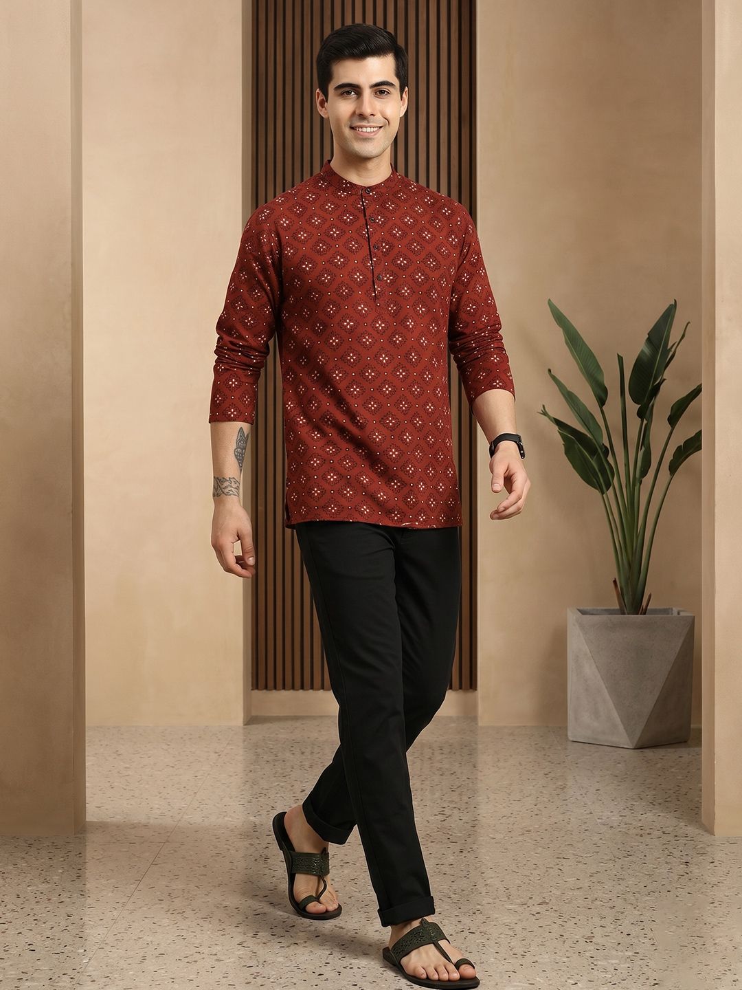 Anouk Men Red & Cream-Coloured Ethnic Motifs Printed  Cotton Short Kurta